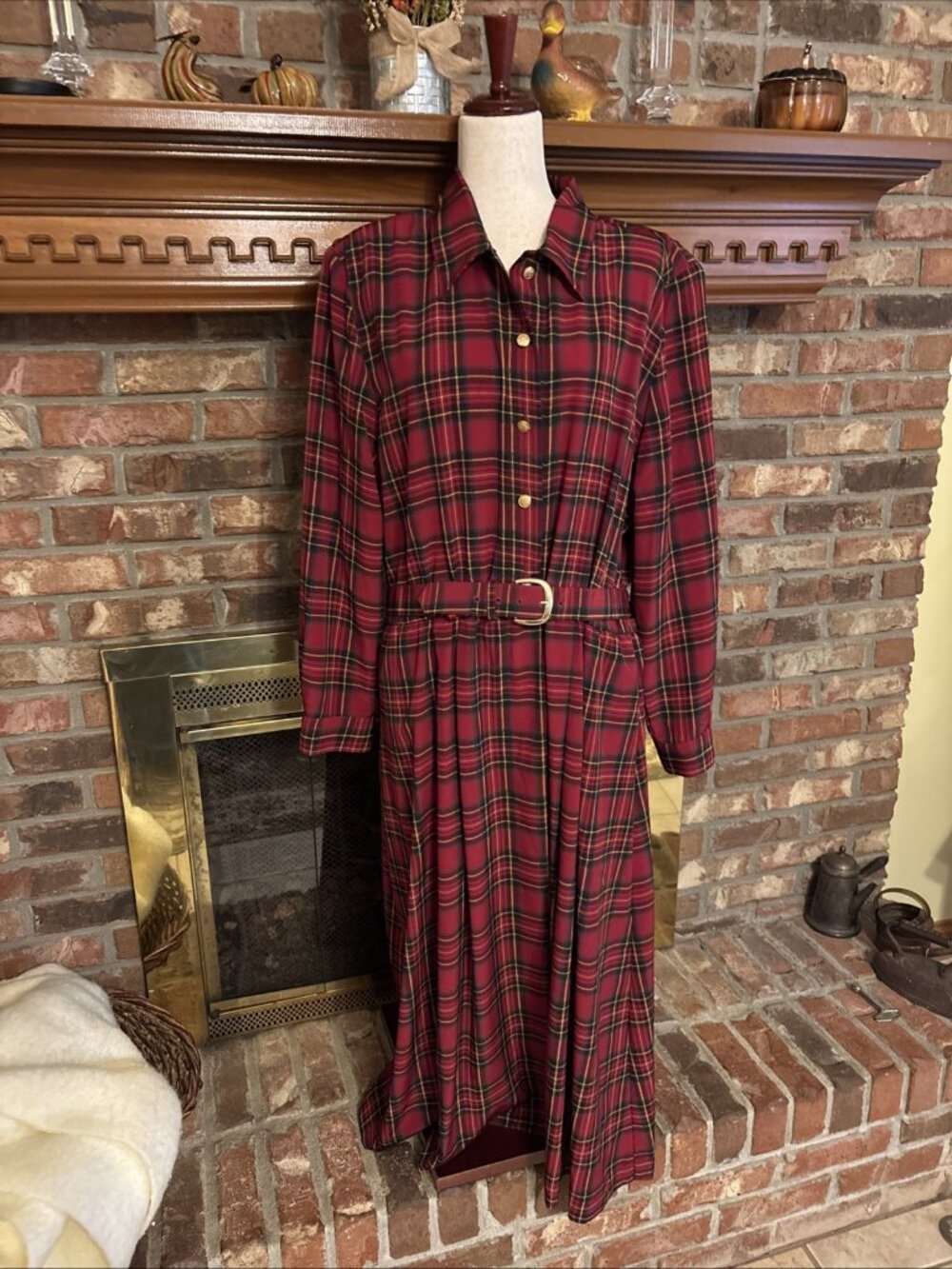 Vintage Talbots Red Plaid Long sleeve Dress Size 18 Shoulder Pads Holiday